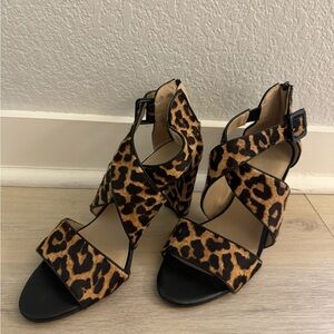 Cheetah Print Block Heel. Open toe.